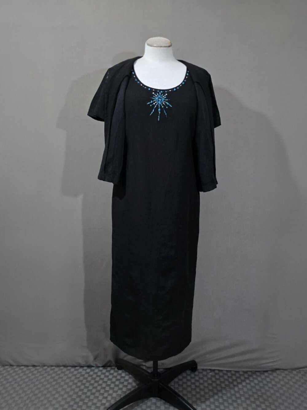 Jessica Howard Black Linen Blend Jacket Dress Set Women’s 14 2-Piece Beaded